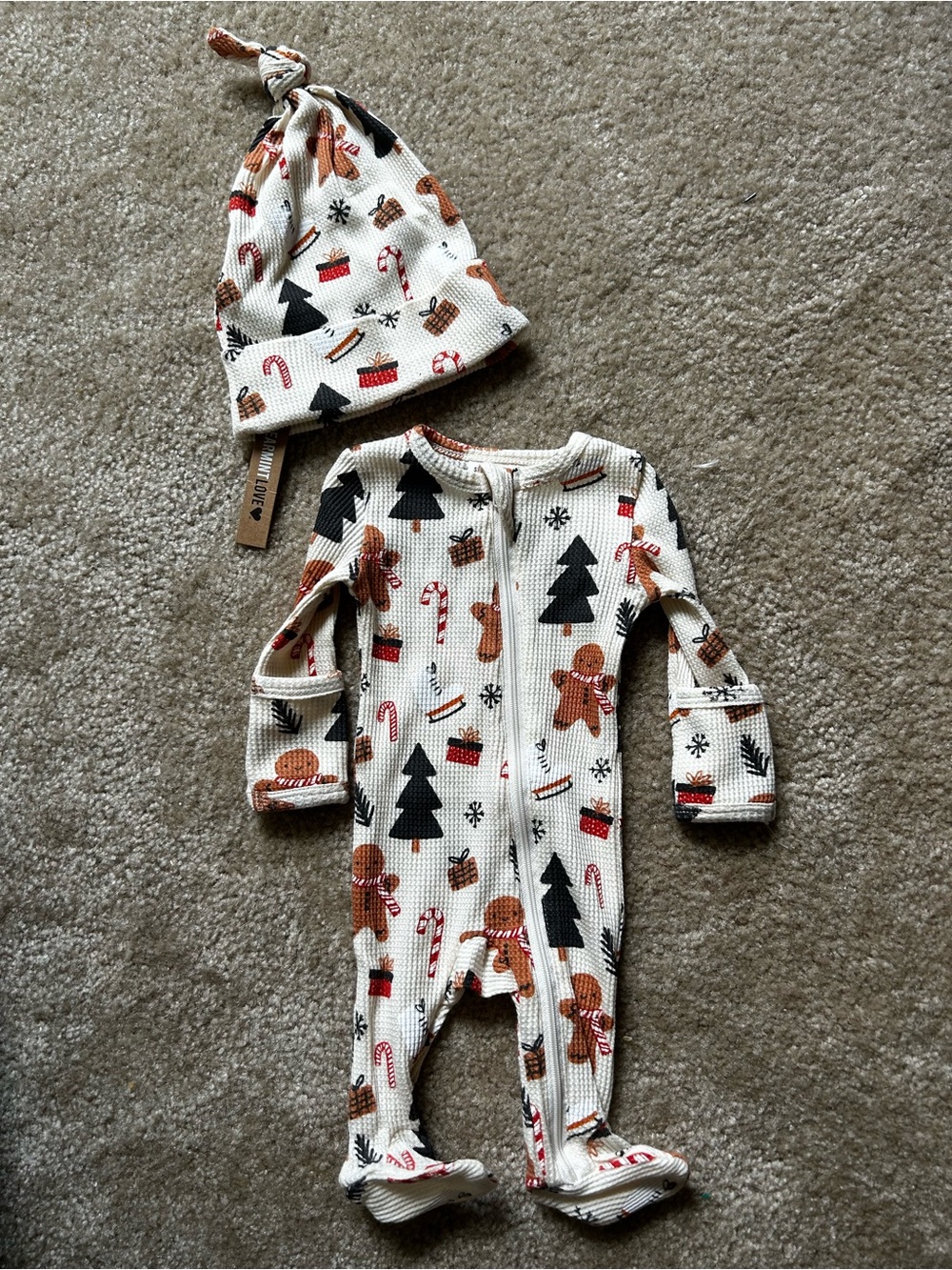 Cream Gingerbread Print Baby One-Piece with Matching Hat
